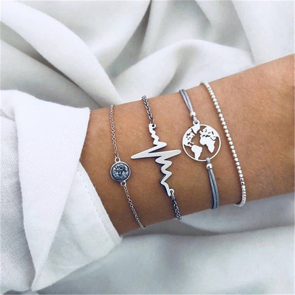 4 pcs/set Fashion Bohemia Leaf Round Knot cuff Bangle Gold Chain Charm Bracelet Bangle for Women Simple Geometric Bracelets