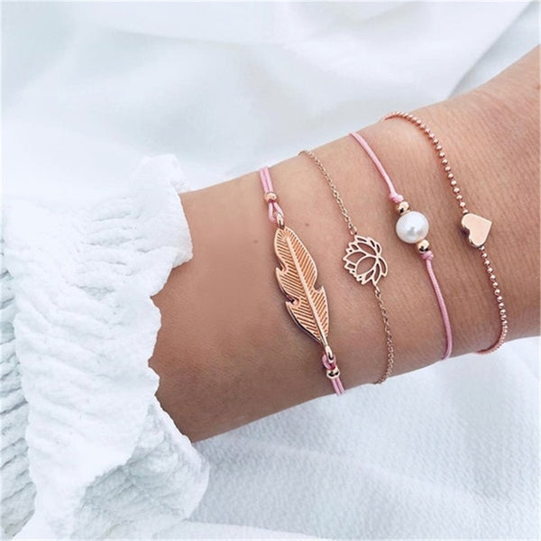 4 pcs/set Fashion Bohemia Leaf Round Knot cuff Bangle Gold Chain Charm Bracelet Bangle for Women Simple Geometric Bracelets