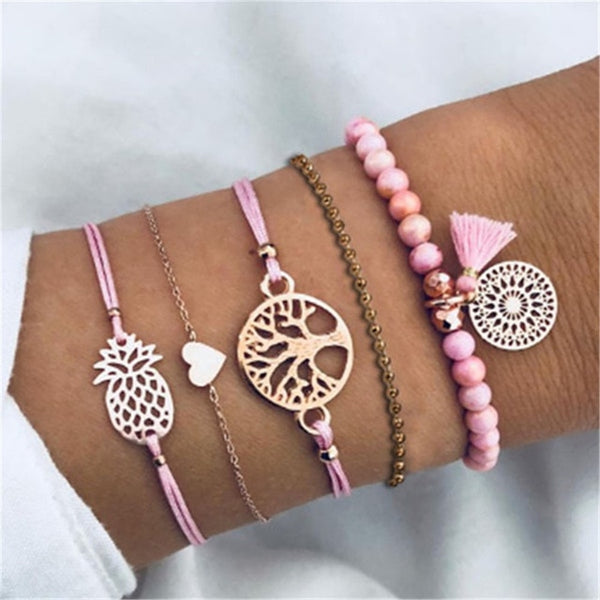 4 pcs/set Fashion Bohemia Leaf Round Knot cuff Bangle Gold Chain Charm Bracelet Bangle for Women Simple Geometric Bracelets