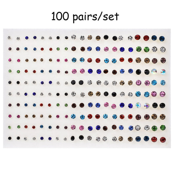 100 Pairs Women Acrylic Crystal Small Stud Earrings Sets Girl Child Heart Star Animal Moon Crown Earring Jewelry