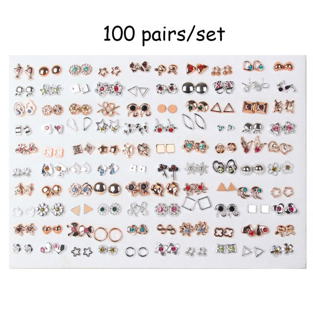 100 Pairs Women Acrylic Crystal Small Stud Earrings Sets Girl Child Heart Star Animal Moon Crown Earring Jewelry