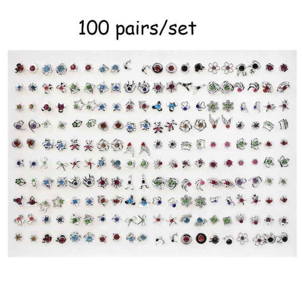 100 Pairs Women Acrylic Crystal Small Stud Earrings Sets Girl Child Heart Star Animal Moon Crown Earring Jewelry