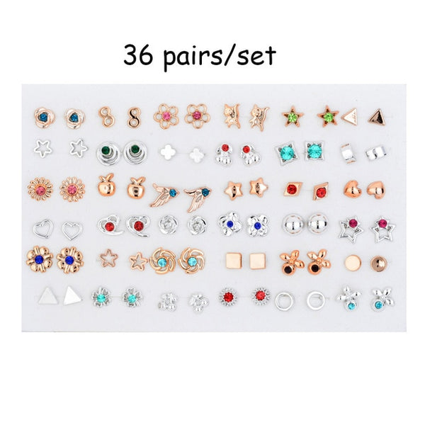 100 Pairs Women Acrylic Crystal Small Stud Earrings Sets Girl Child Heart Star Animal Moon Crown Earring Jewelry