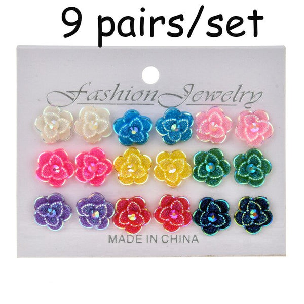 100 Pairs Women Acrylic Crystal Small Stud Earrings Sets Girl Child Heart Star Animal Moon Crown Earring Jewelry