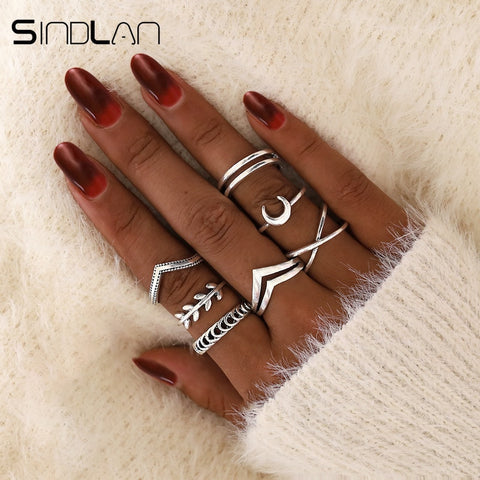 Sindlan 7Pcs Simple Silver Geometric Moon Charm Rings for Women Punk Fashion Boho Joint Finger Rings Set Jewelry Accessories