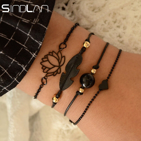 Sindlan 4PCs Gothic Black Feather Lotus Bracelets Set Heart Charm Boho Bangles for Women Wrist Chain Bracelets Fashion Jewelry