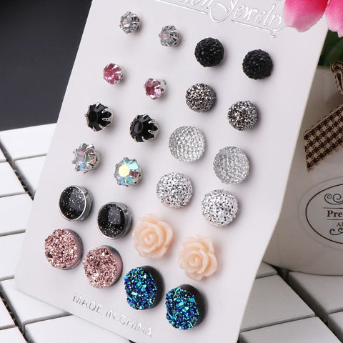 12 Pairs Assorted Crystals Druzy Stone Resin Stone Round Stud Earrings Set Women