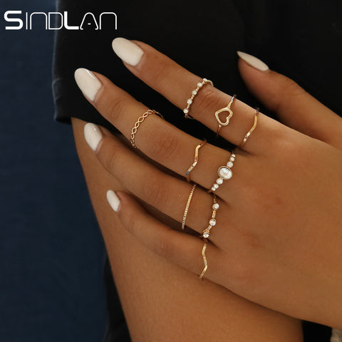 Sindlan 9PCs Geometric Crystal Rings for Women Gold Wedding Ring Set Female Girls Vintage Fashion Joint Finger Ring Jewelry