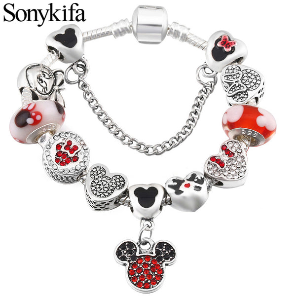 Cartoon Mickey Minnie Beads Charm Bracelet With Silver Snake Chain Pandoro Bracelet & Bangle For Women Kids Jewelry Dropshipping