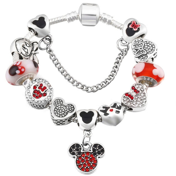 Cartoon Mickey Minnie Beads Charm Bracelet With Silver Snake Chain Pandoro Bracelet & Bangle For Women Kids Jewelry Dropshipping