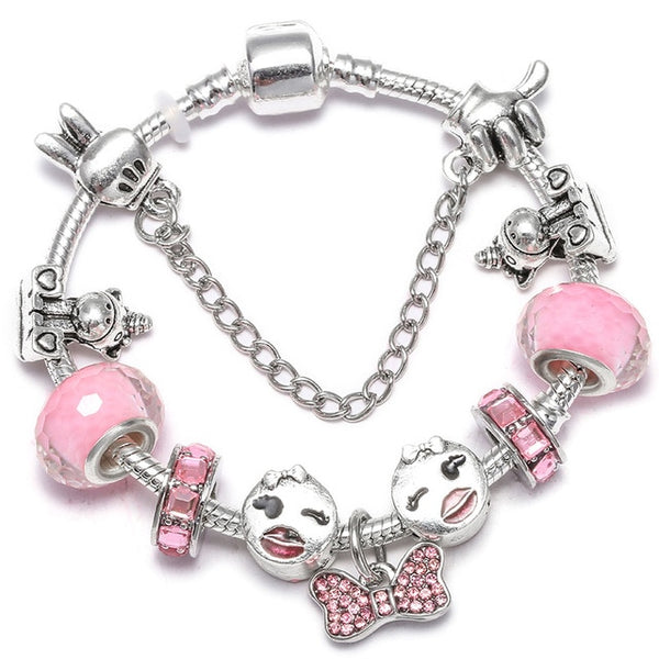 Cartoon Mickey Minnie Beads Charm Bracelet With Silver Snake Chain Pandoro Bracelet & Bangle For Women Kids Jewelry Dropshipping