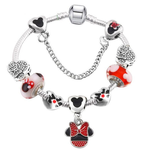 Cartoon Mickey Minnie Beads Charm Bracelet With Silver Snake Chain Pandoro Bracelet & Bangle For Women Kids Jewelry Dropshipping