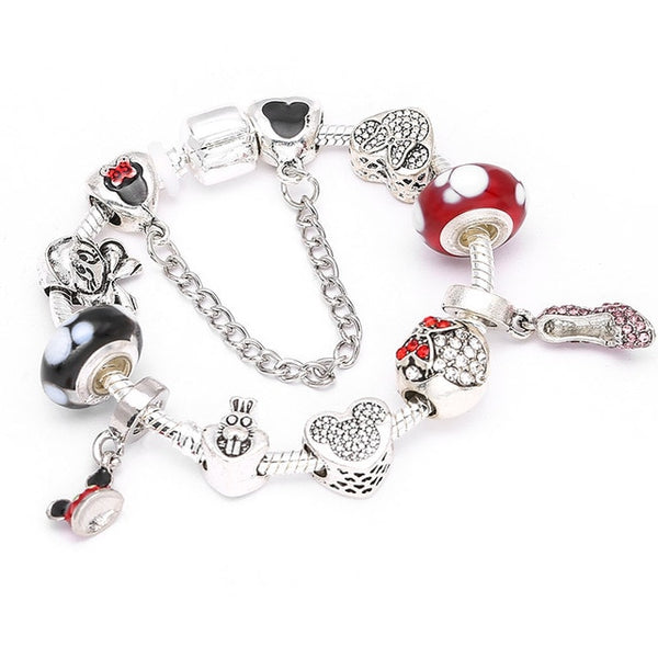 Cartoon Mickey Minnie Beads Charm Bracelet With Silver Snake Chain Pandoro Bracelet & Bangle For Women Kids Jewelry Dropshipping