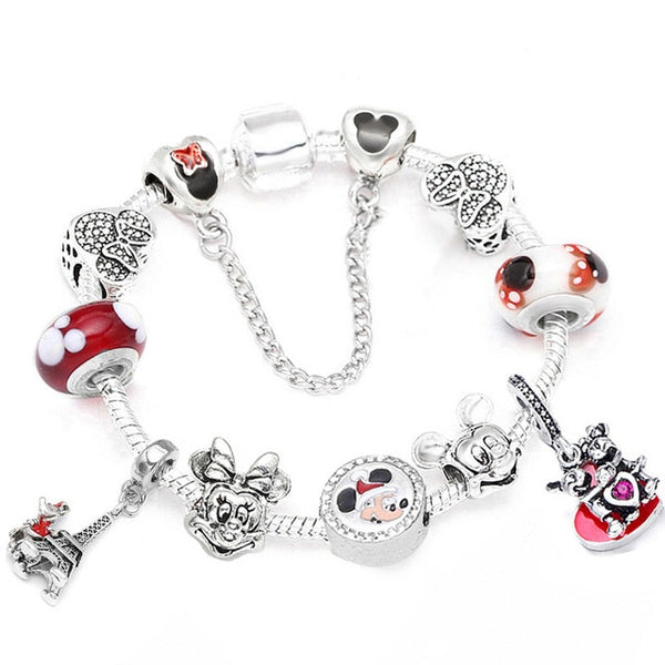 Cartoon Mickey Minnie Beads Charm Bracelet With Silver Snake Chain Pandoro Bracelet & Bangle For Women Kids Jewelry Dropshipping