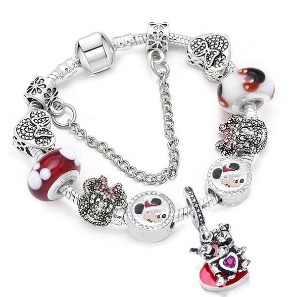 Cartoon Mickey Minnie Beads Charm Bracelet With Silver Snake Chain Pandoro Bracelet & Bangle For Women Kids Jewelry Dropshipping