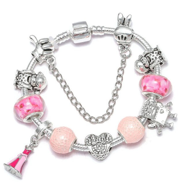 Cartoon Mickey Minnie Beads Charm Bracelet With Silver Snake Chain Pandoro Bracelet & Bangle For Women Kids Jewelry Dropshipping