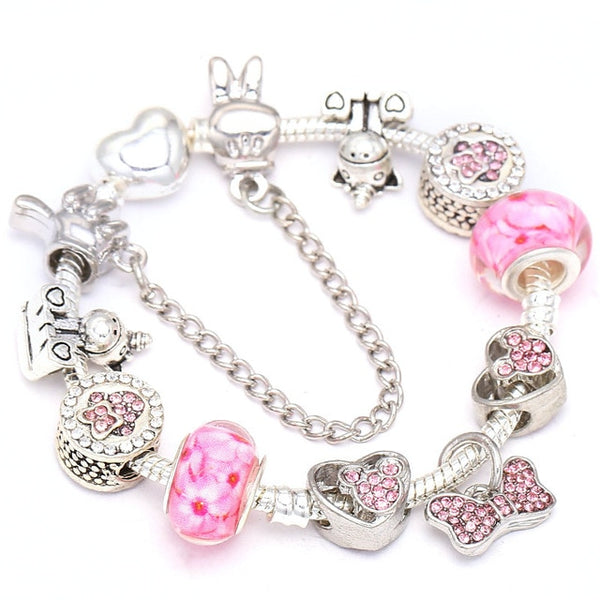 Cartoon Mickey Minnie Beads Charm Bracelet With Silver Snake Chain Pandoro Bracelet & Bangle For Women Kids Jewelry Dropshipping