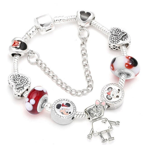 Cartoon Mickey Minnie Beads Charm Bracelet With Silver Snake Chain Pandoro Bracelet & Bangle For Women Kids Jewelry Dropshipping