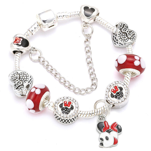 Cartoon Mickey Minnie Beads Charm Bracelet With Silver Snake Chain Pandoro Bracelet & Bangle For Women Kids Jewelry Dropshipping