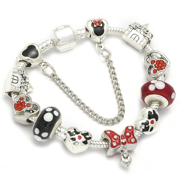 Cartoon Mickey Minnie Beads Charm Bracelet With Silver Snake Chain Pandoro Bracelet & Bangle For Women Kids Jewelry Dropshipping