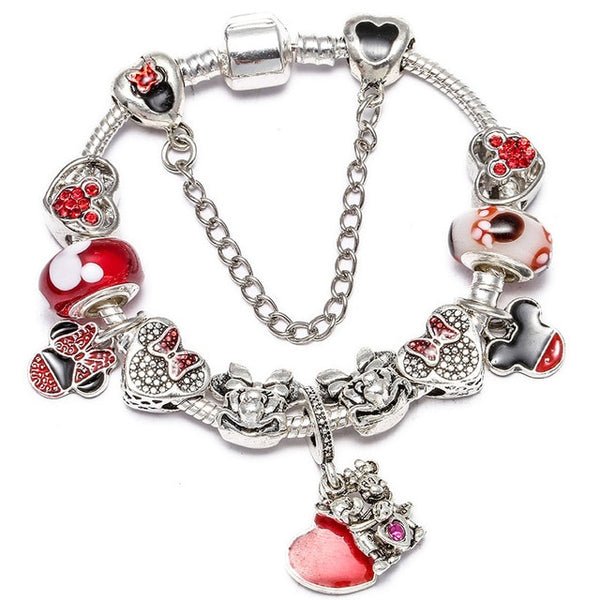 Cartoon Mickey Minnie Beads Charm Bracelet With Silver Snake Chain Pandoro Bracelet & Bangle For Women Kids Jewelry Dropshipping