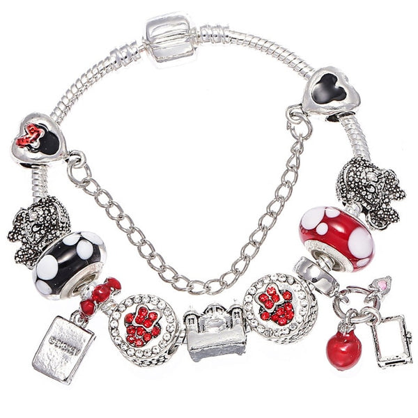 Cartoon Mickey Minnie Beads Charm Bracelet With Silver Snake Chain Pandoro Bracelet & Bangle For Women Kids Jewelry Dropshipping