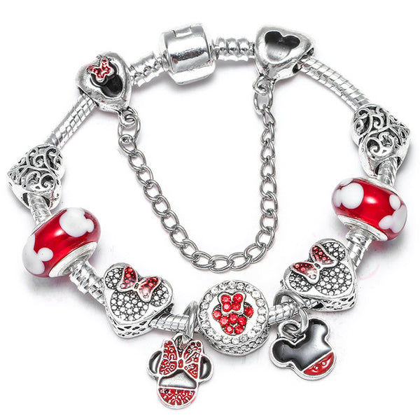 Cartoon Mickey Minnie Beads Charm Bracelet With Silver Snake Chain Pandoro Bracelet & Bangle For Women Kids Jewelry Dropshipping