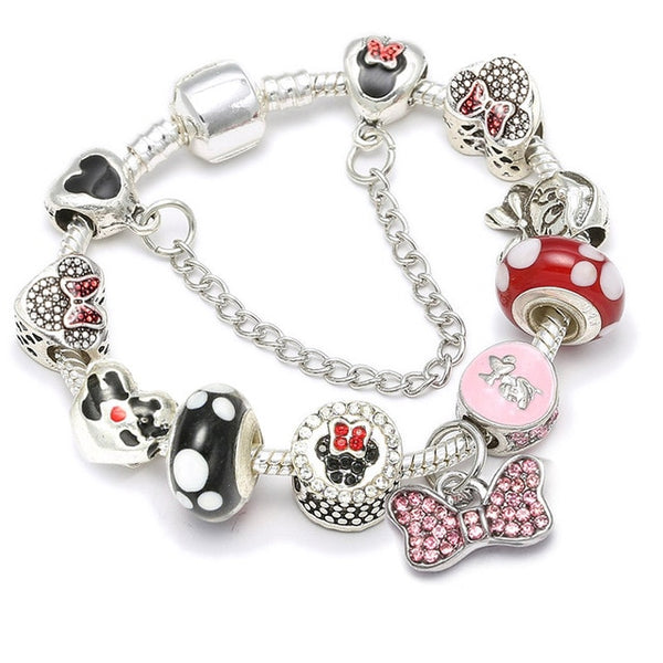 Cartoon Mickey Minnie Beads Charm Bracelet With Silver Snake Chain Pandoro Bracelet & Bangle For Women Kids Jewelry Dropshipping