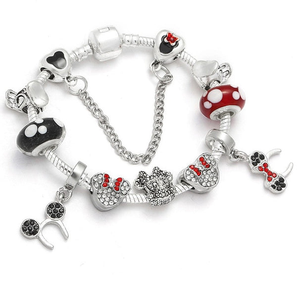 Cartoon Mickey Minnie Beads Charm Bracelet With Silver Snake Chain Pandoro Bracelet & Bangle For Women Kids Jewelry Dropshipping