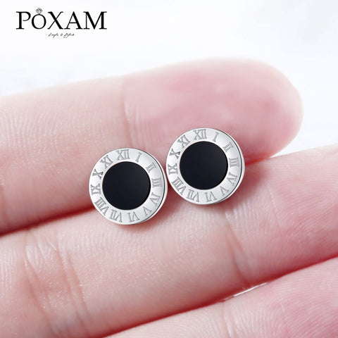 Korean Round Crystal Stud Earrings For Women Man Silver Stainless Steel Roman Numeral Earrings Lady Brincos 2019 Fashion Jewelry