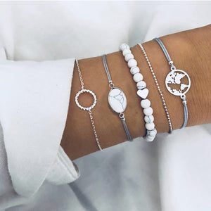 Qiao La 5pcs/set Women Fashion Bracelets Round And Silver Beads Bracelet Women's Girl Trendy Jewelry Female Bracelet Jewelry