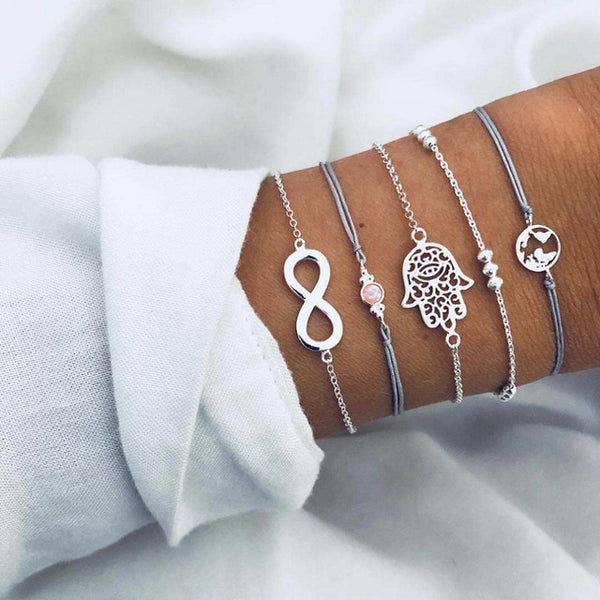 Qiao La 5pcs/set Women Fashion Bracelets Round And Silver Beads Bracelet Women's Girl Trendy Jewelry Female Bracelet Jewelry