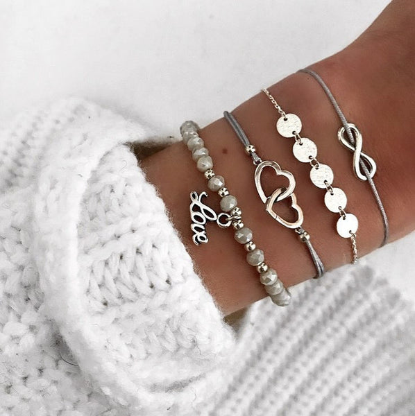 Qiao La 5pcs/set Women Fashion Bracelets Round And Silver Beads Bracelet Women's Girl Trendy Jewelry Female Bracelet Jewelry