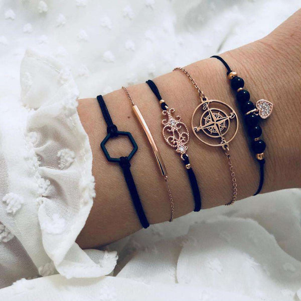 Qiao La 5pcs/set Women Fashion Bracelets Round And Silver Beads Bracelet Women's Girl Trendy Jewelry Female Bracelet Jewelry