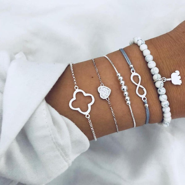 Qiao La 5pcs/set Women Fashion Bracelets Round And Silver Beads Bracelet Women's Girl Trendy Jewelry Female Bracelet Jewelry