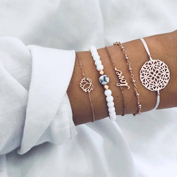 Qiao La 5pcs/set Women Fashion Bracelets Round And Silver Beads Bracelet Women's Girl Trendy Jewelry Female Bracelet Jewelry