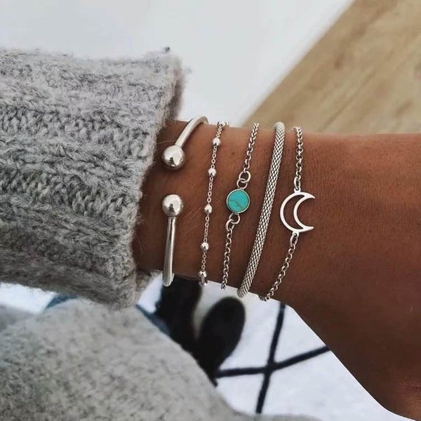 Qiao La 5pcs/set Women Fashion Bracelets Round And Silver Beads Bracelet Women's Girl Trendy Jewelry Female Bracelet Jewelry