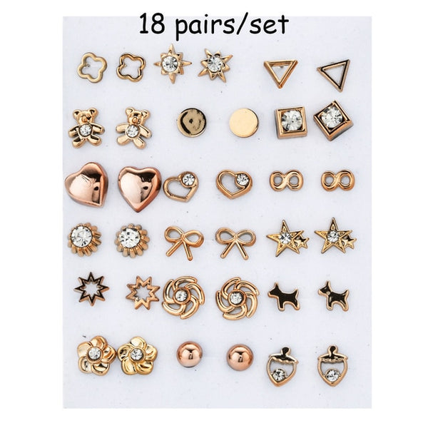 100 Pairs Women Acrylic Crystal Small Stud Earrings Sets Girl Child Heart Star Animal Moon Crown Earring Jewelry