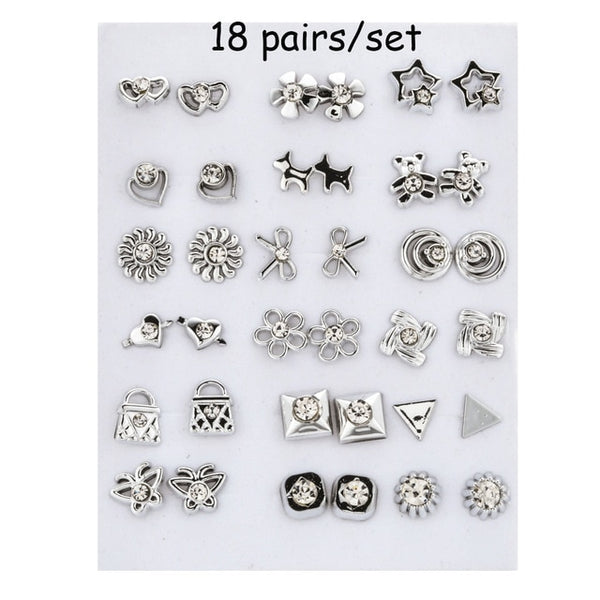 100 Pairs Women Acrylic Crystal Small Stud Earrings Sets Girl Child Heart Star Animal Moon Crown Earring Jewelry