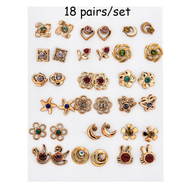 100 Pairs Women Acrylic Crystal Small Stud Earrings Sets Girl Child Heart Star Animal Moon Crown Earring Jewelry