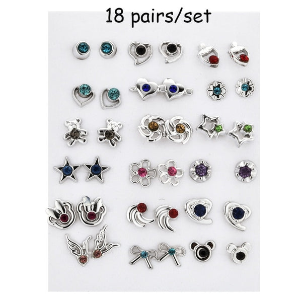 100 Pairs Women Acrylic Crystal Small Stud Earrings Sets Girl Child Heart Star Animal Moon Crown Earring Jewelry