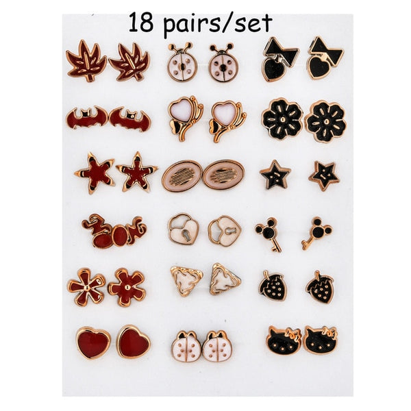 100 Pairs Women Acrylic Crystal Small Stud Earrings Sets Girl Child Heart Star Animal Moon Crown Earring Jewelry