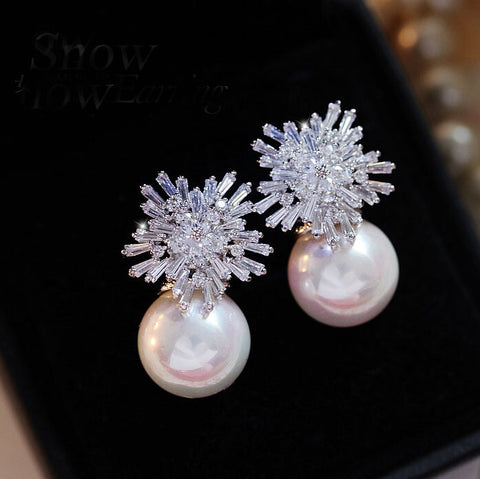 Luxury Square Austrian Cubic Zirconia Stud Earrings for Women Fashion Imitation Pearl Snow Flower Bridal Girl Jewelry CEP075E