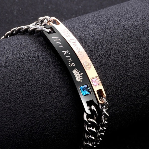 2pcs Jewelry Her King His Queen Lovers Bracelet Stainless Steel Crystal Crown Charm Bracelets Women Men Gifts Couples Link Chain