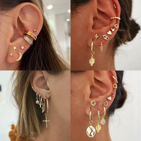 Vintage Metal Earrings Map Heart Moon Star Stud Earrings Set For Women Bohemian Cactus Mixed Bohemian New Femme Earrings Jewelry