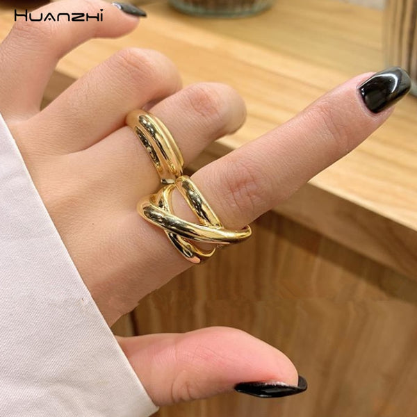 HUANZHI 2019 New Korean Geometric Simple Multi-layer Hollow Cross Gold Shining Opening Metal Rings for Women Girls Gifts Party