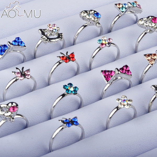 AOMU Wholesale 10pcs Cartoon Cat Flower Jewelry Lots Mixed Lovely Girls boys Princess Crystal Rhinestone Kids Children's Rings