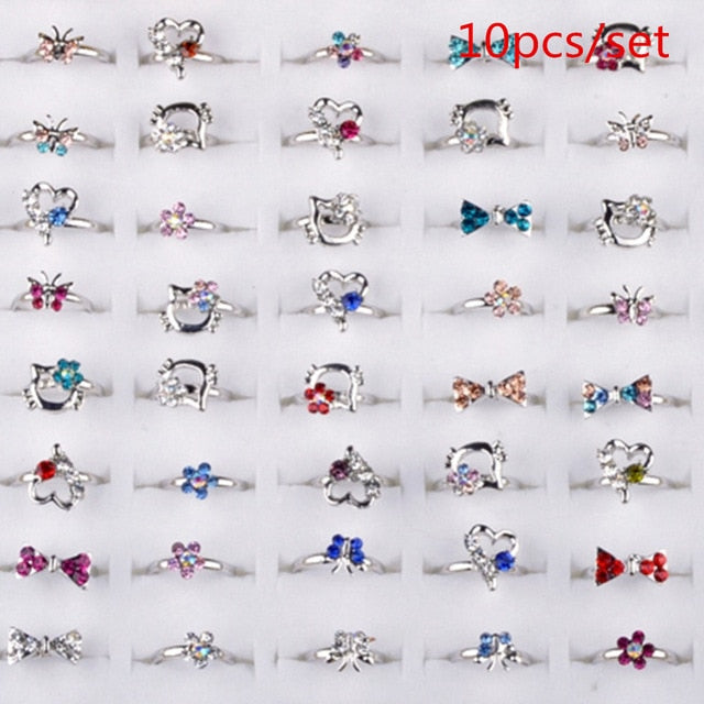 AOMU Wholesale 10pcs Cartoon Cat Flower Jewelry Lots Mixed Lovely Girls boys Princess Crystal Rhinestone Kids Children's Rings