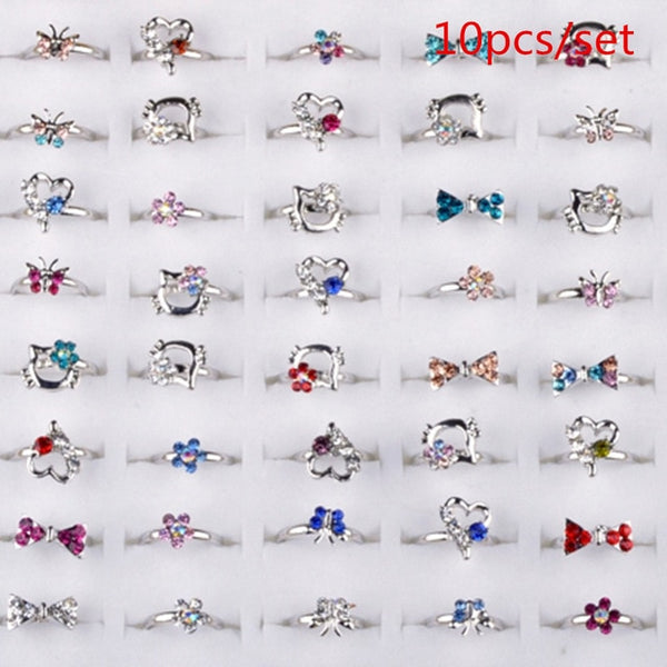 AOMU Wholesale 10pcs Cartoon Cat Flower Jewelry Lots Mixed Lovely Girls boys Princess Crystal Rhinestone Kids Children's Rings