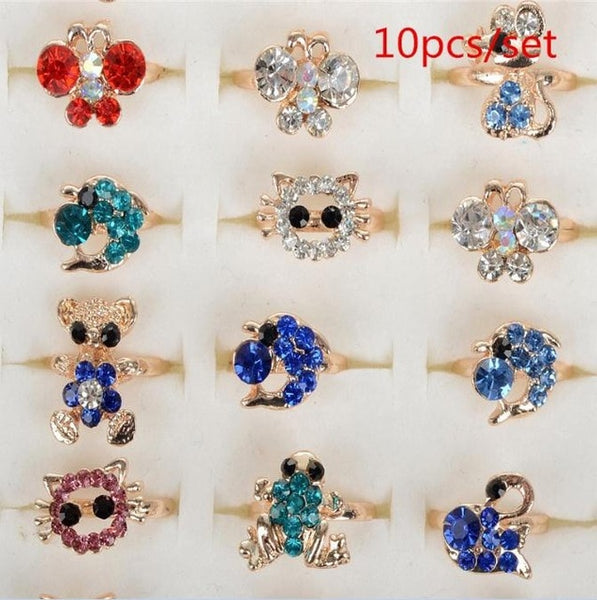 AOMU Wholesale 10pcs Cartoon Cat Flower Jewelry Lots Mixed Lovely Girls boys Princess Crystal Rhinestone Kids Children's Rings